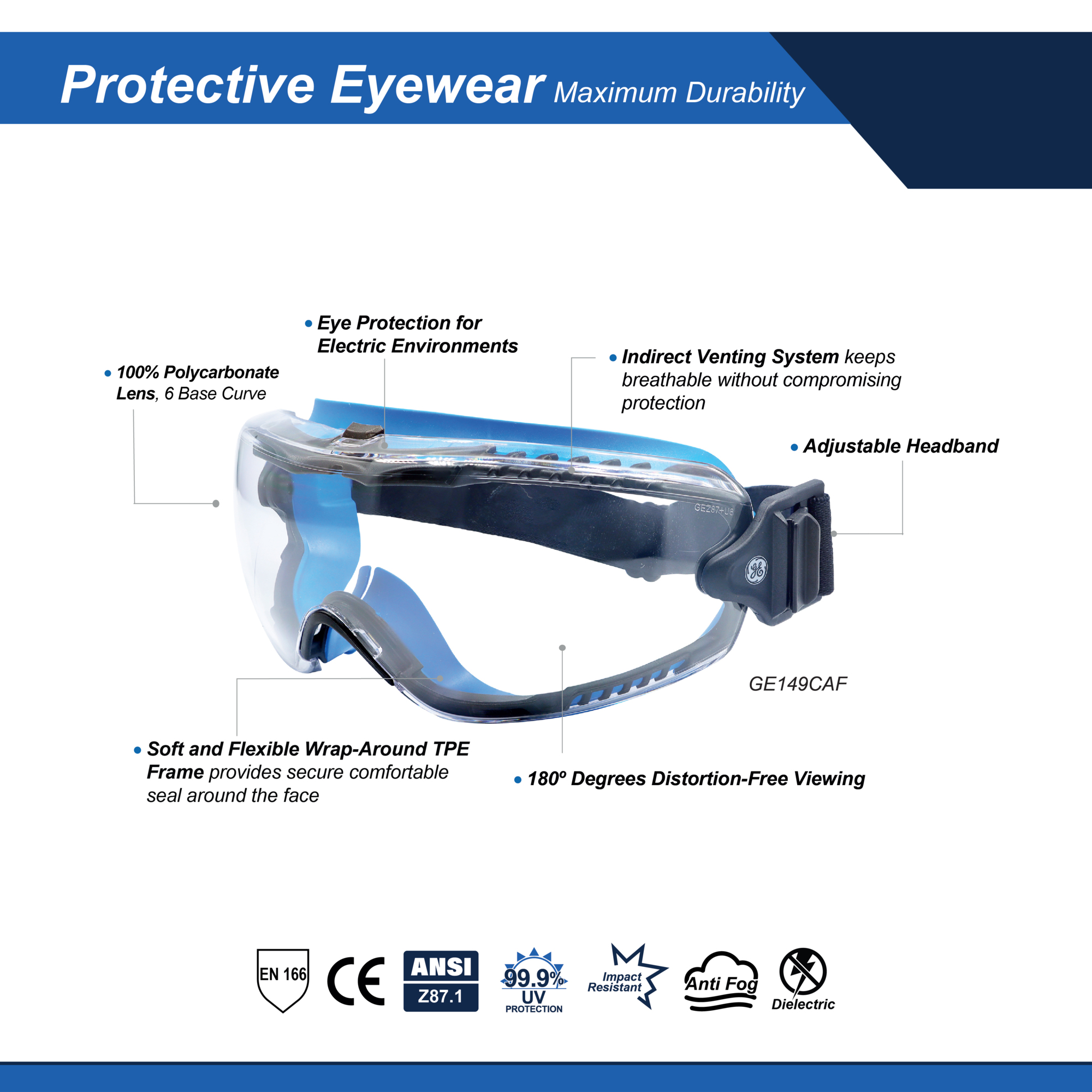 General Electric, Safety Goggles, Anti-Fog, Adjustable Headband, Frame Color Blue, Lens Color Clear, ANSI Z87 Compliant, Model# GE149CAF